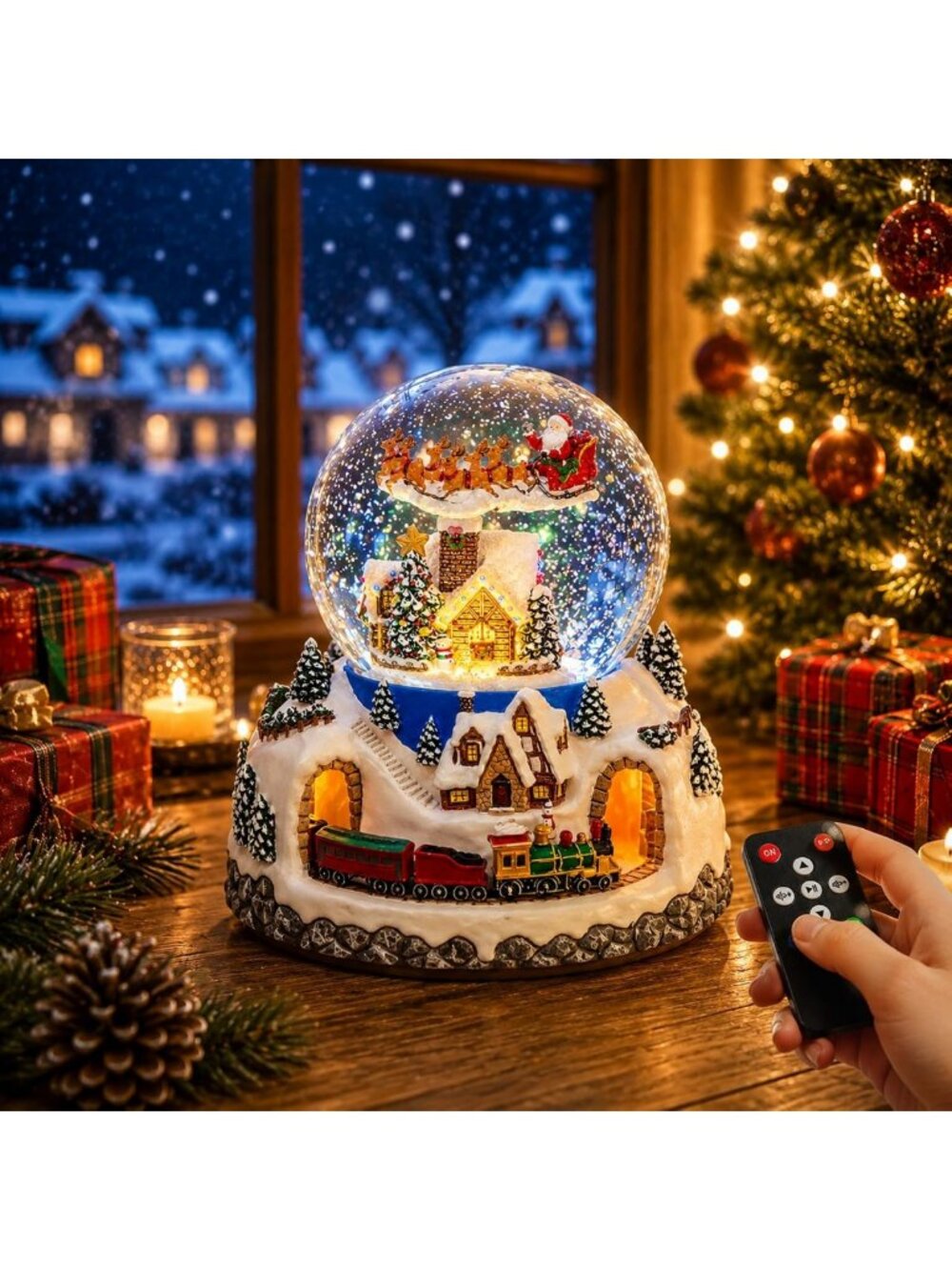 Musical Rotating Santa Claus Flying Over Village,Automatic Snowfall,Train